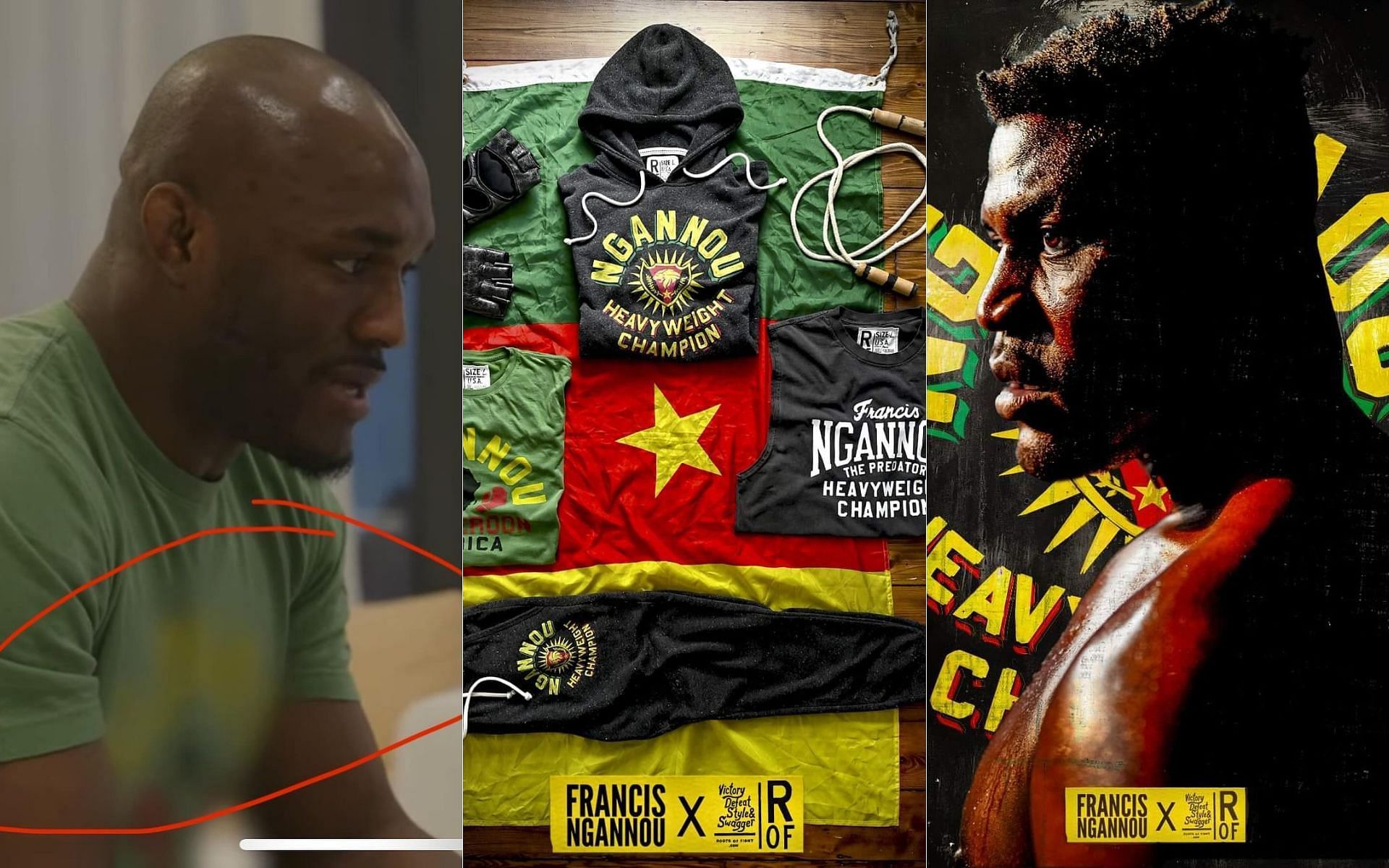 Kamaru Usman (left) Francis Ngannou apparel collection (center) Francis Ngannou (right) [Image courtesy @francisngannou on Instagram]                  on  