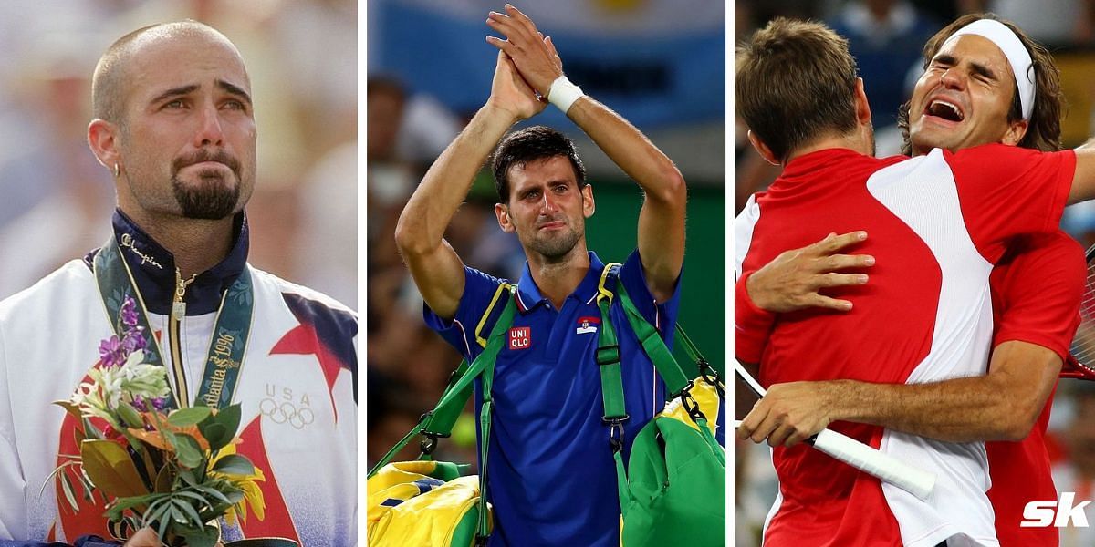 Andre Agassi (L), Novak Djokovic, Stan Wawrinka &amp; Roger Federer (R)
