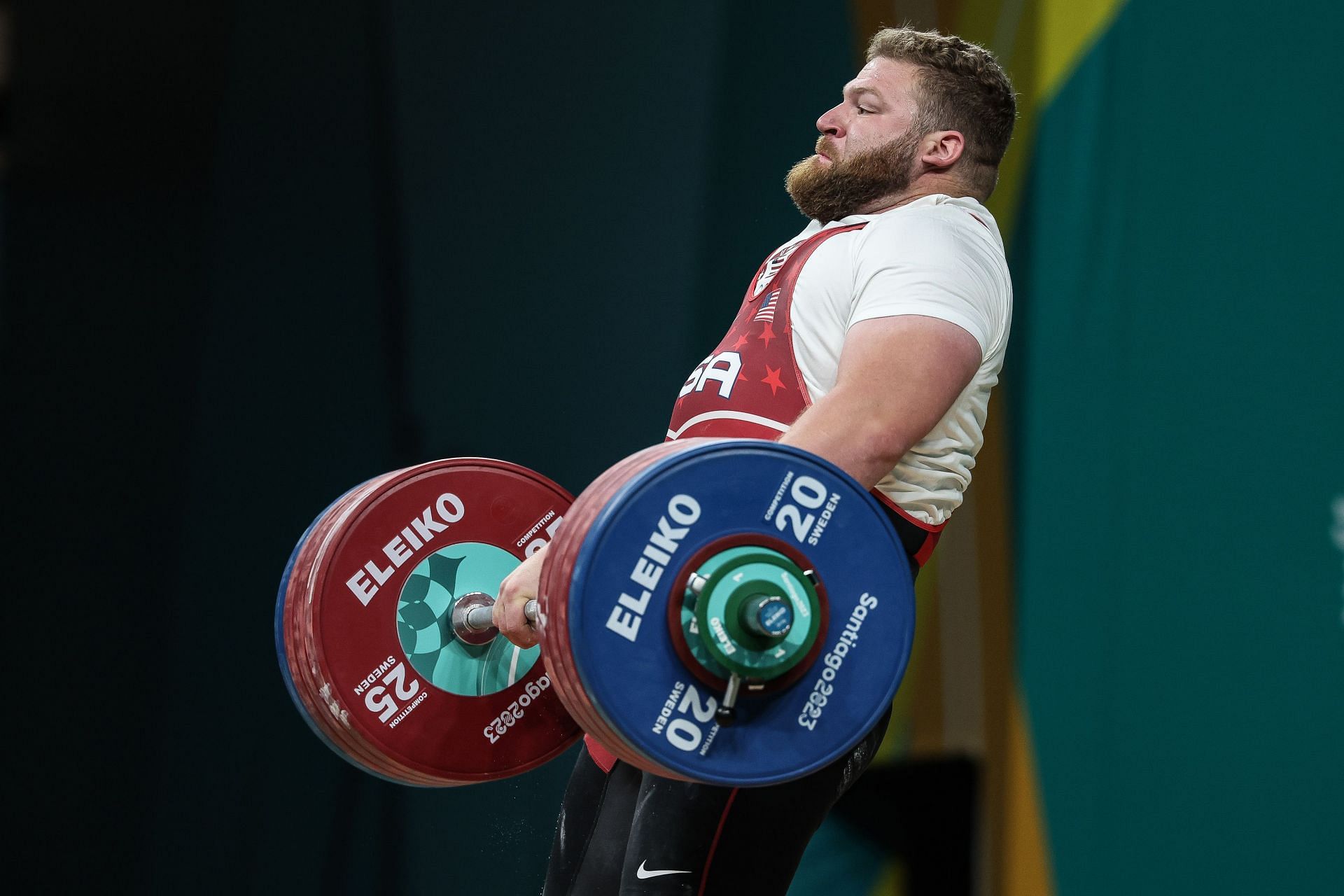 Keiser Witte competes during Weightlifting Men's +102Kg at the 2023 Pan Am Games in Santiago, Chile.