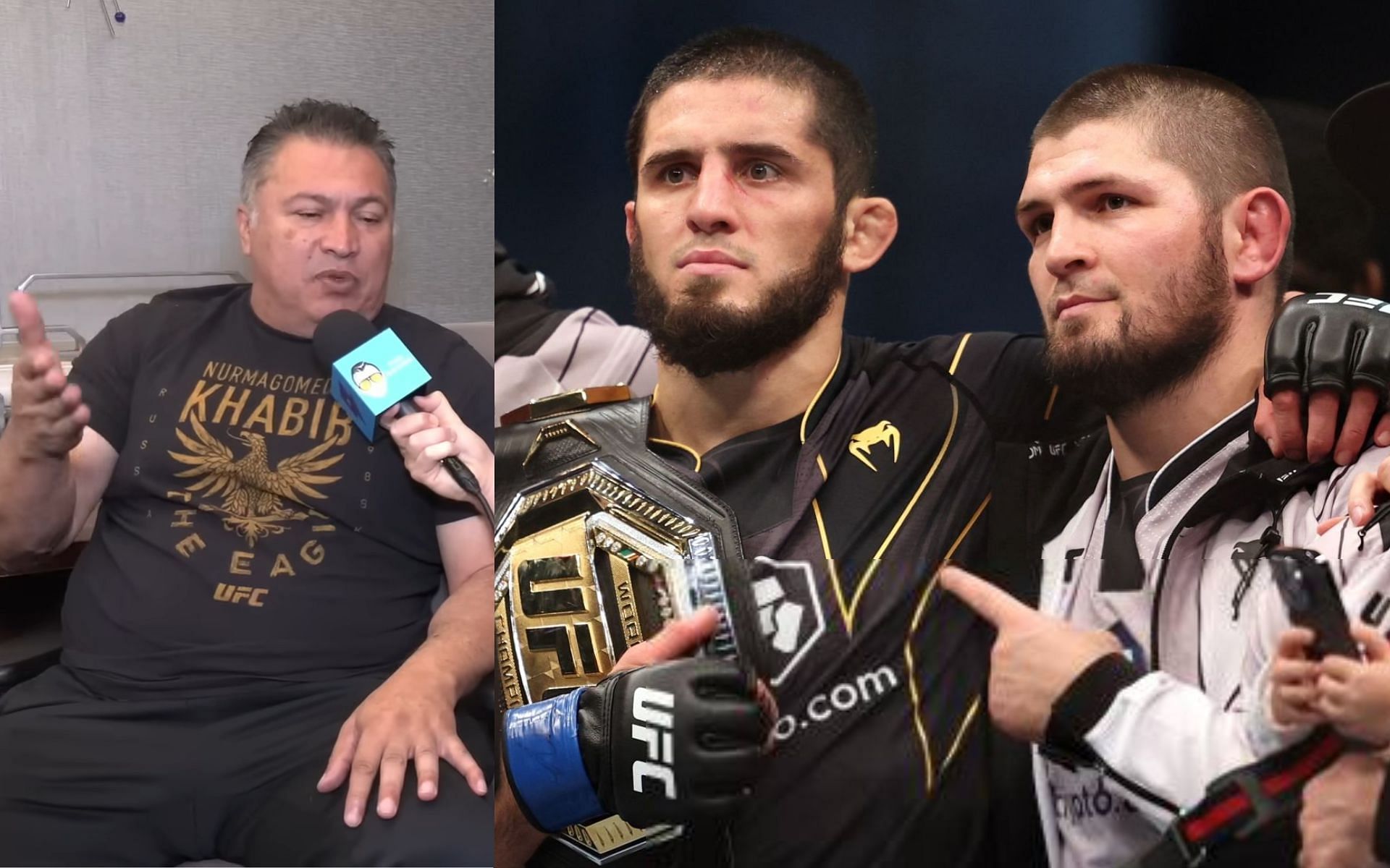 Javier Mendez (left) and Islam Makhachev and Khabib Nurmagomedov (right) [Images Courtesy: @theschmo on YouTube and @GettyImages]