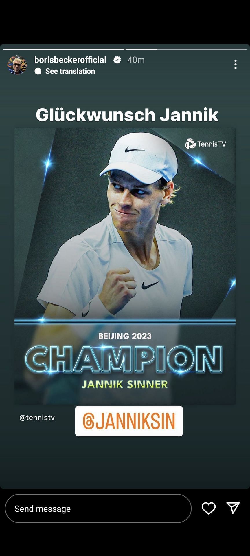 Boris Becker congratulates Jannik Sinner via Instagram.