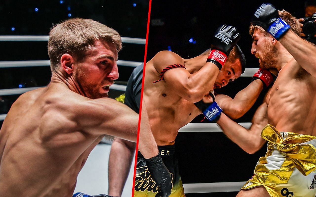 Jonathan Haggerty (left) and Haggerty fighting Nong-O (right) | Image credit: ONE Championship