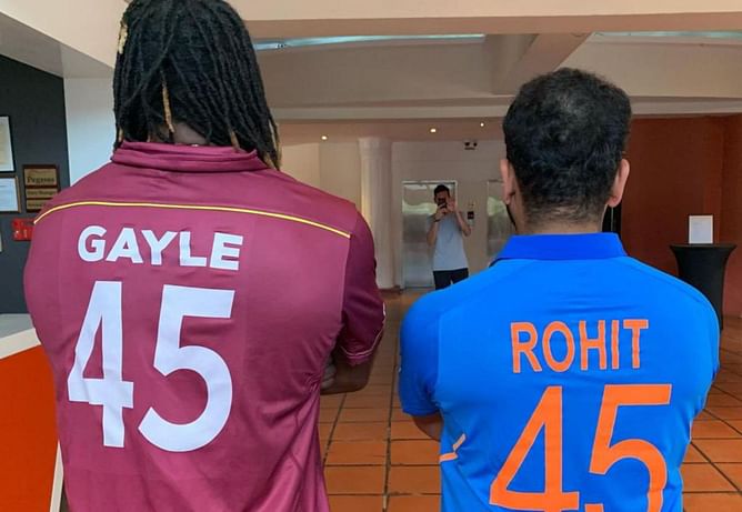 "4&5 on the back but our favorite number is 6"- Rohit Sharma responds to Chris Gayle's congratulatory message after breaking his most sixes record