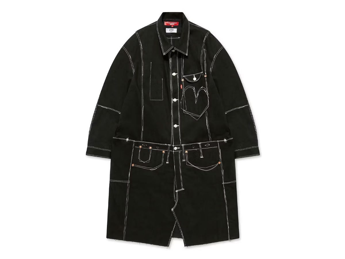 Design of eYe Junya Watanabe MAN x Levi&rsquo;s &ldquo;Long Contrast Coat Black&rdquo; (image via Dover Market Street)