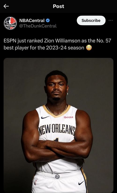 Zion Williamson Ranked No. 57 on ESPN - NBA Central's X Post