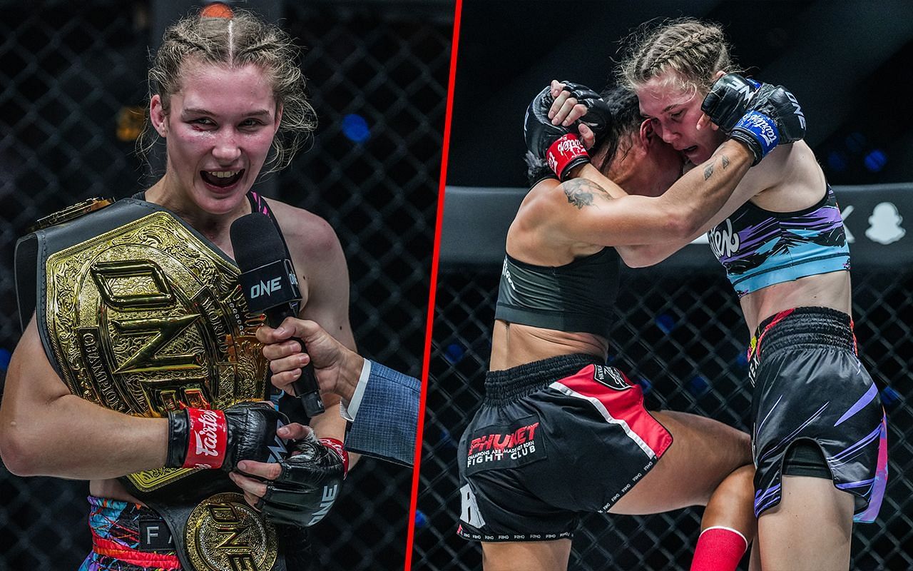 Smilla Sundell (left) and Sundell fighting Allycia Hellen Rodrigues (right) | Image credit: ONE Championship