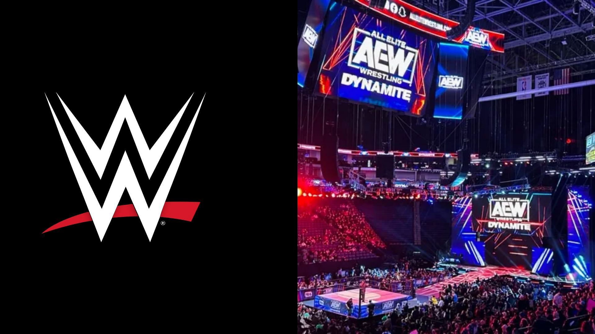 WWE logo (left), AEW Dynamite arena (right)