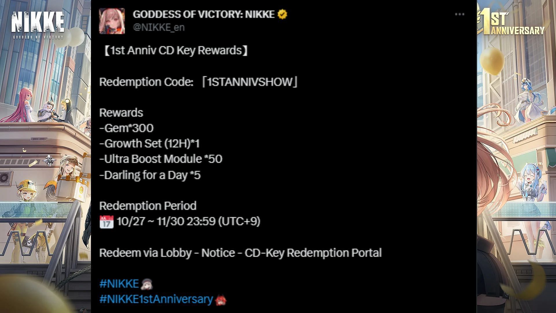 Goddess of Victory Nikke first anniversary celebration code. (Image via X)