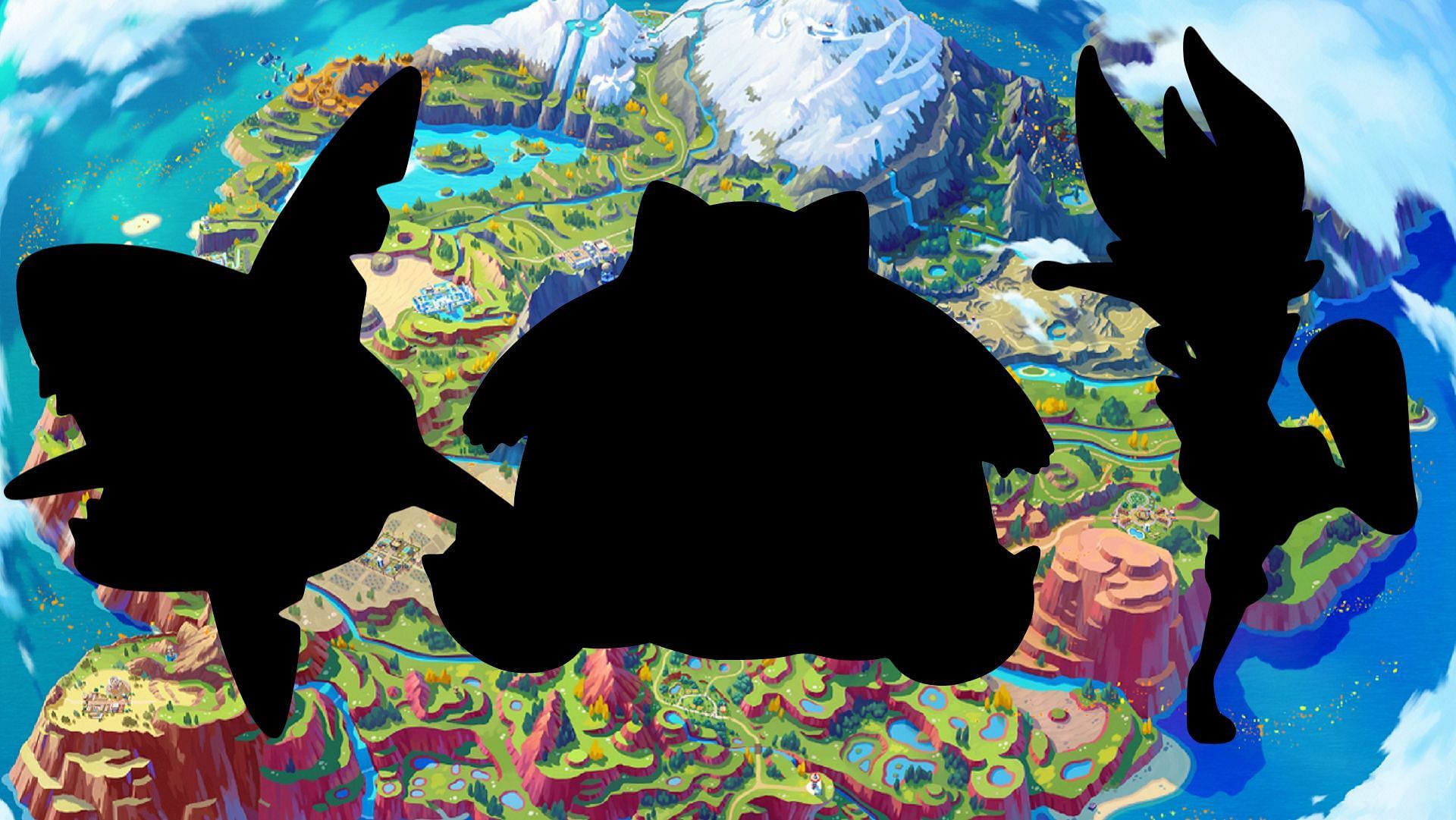 Silhouettes of three Pokemon against the backdrop of the Paldea region.