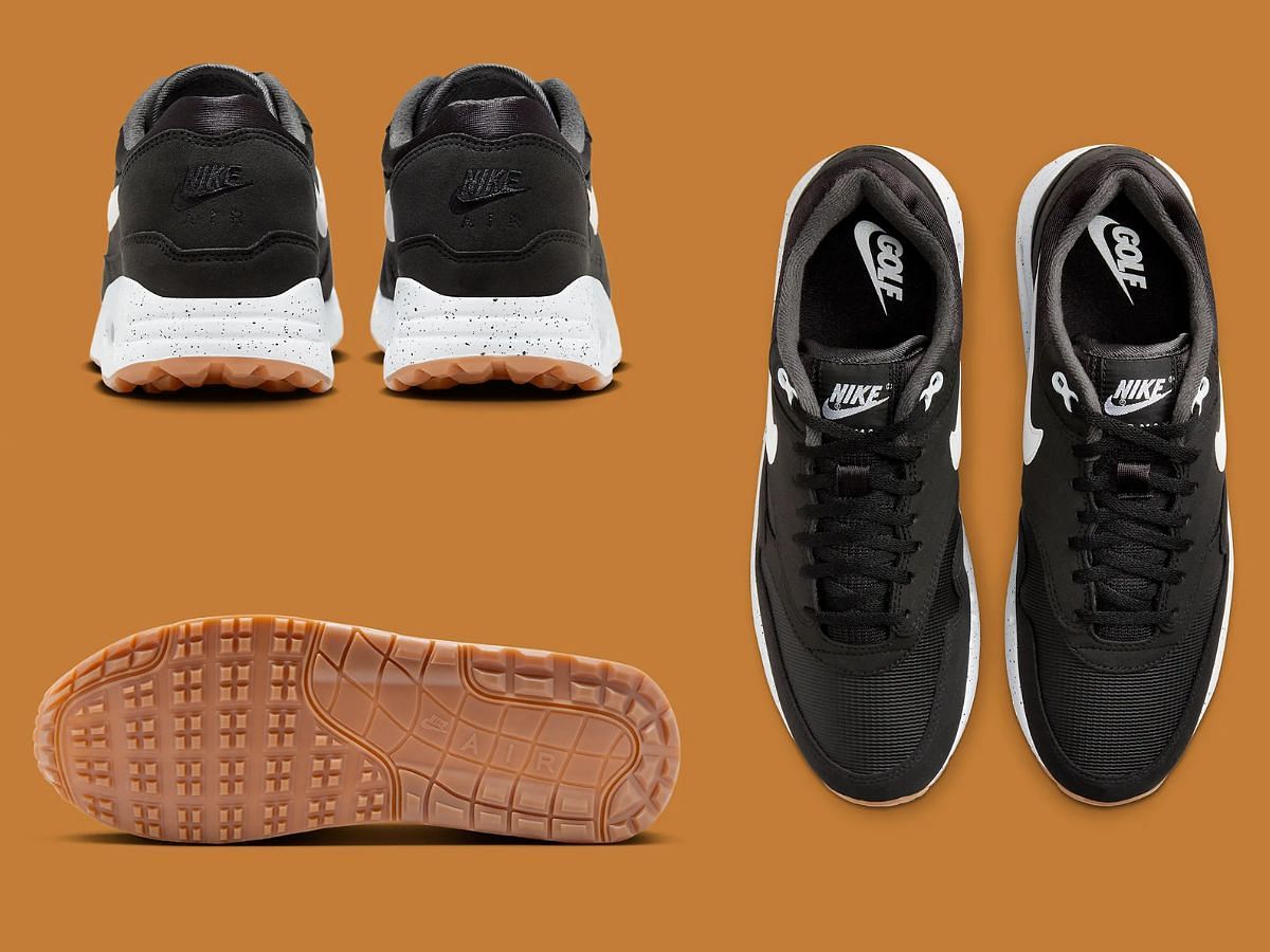 Overview of Nike Air Max 1 Golf &ldquo;Black/Gum&rdquo; sneakers (Image via Sneaker News)