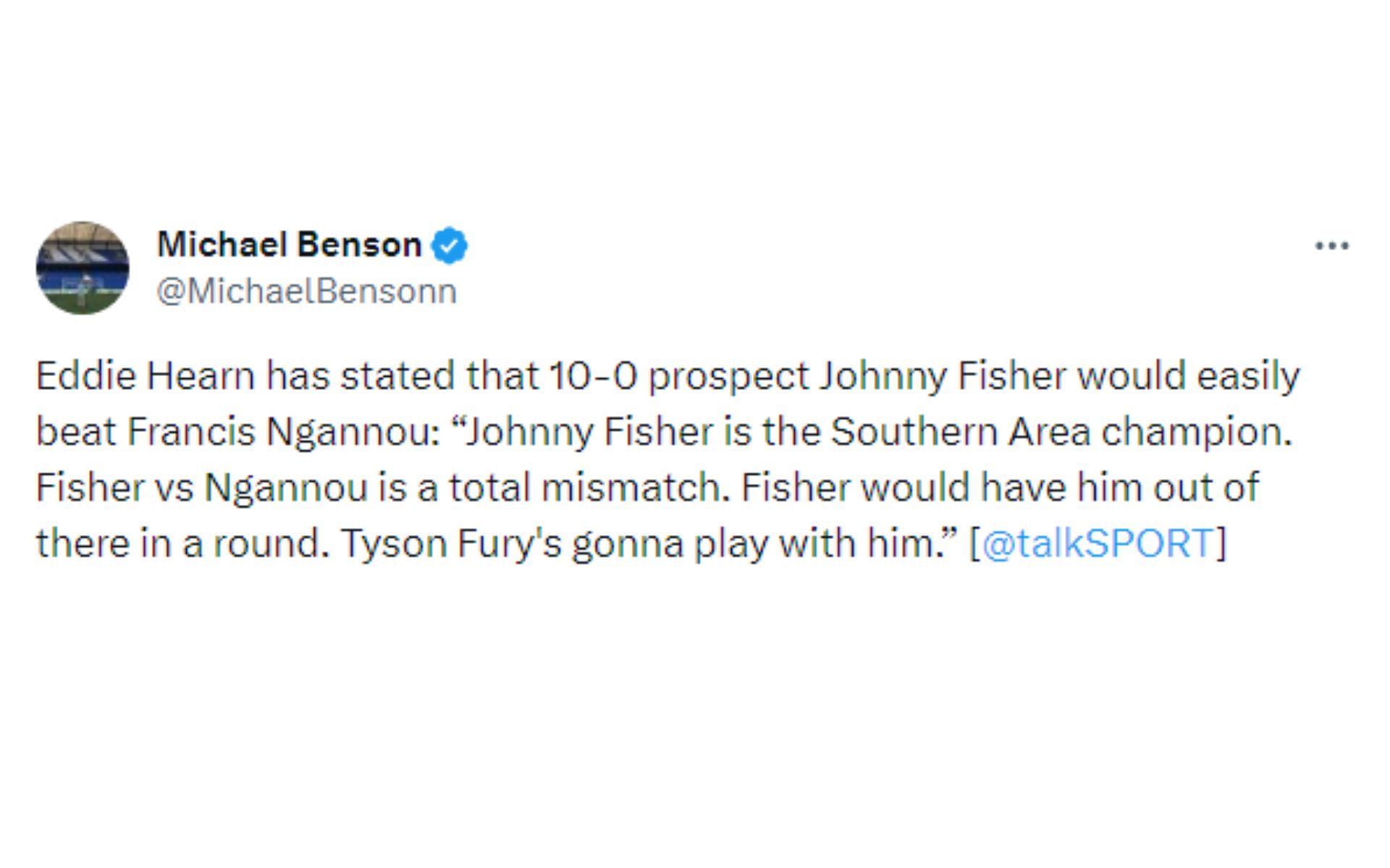 Tweet regarding Francis Ngannou&#039;s chances against Tyson Fury and Johnny Fisher