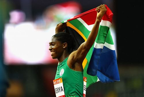 Caster Semenya celebrates winning gold in the Women's 1500 meters final during the 2018 Commonwealth Games in Gold Coast, Australia