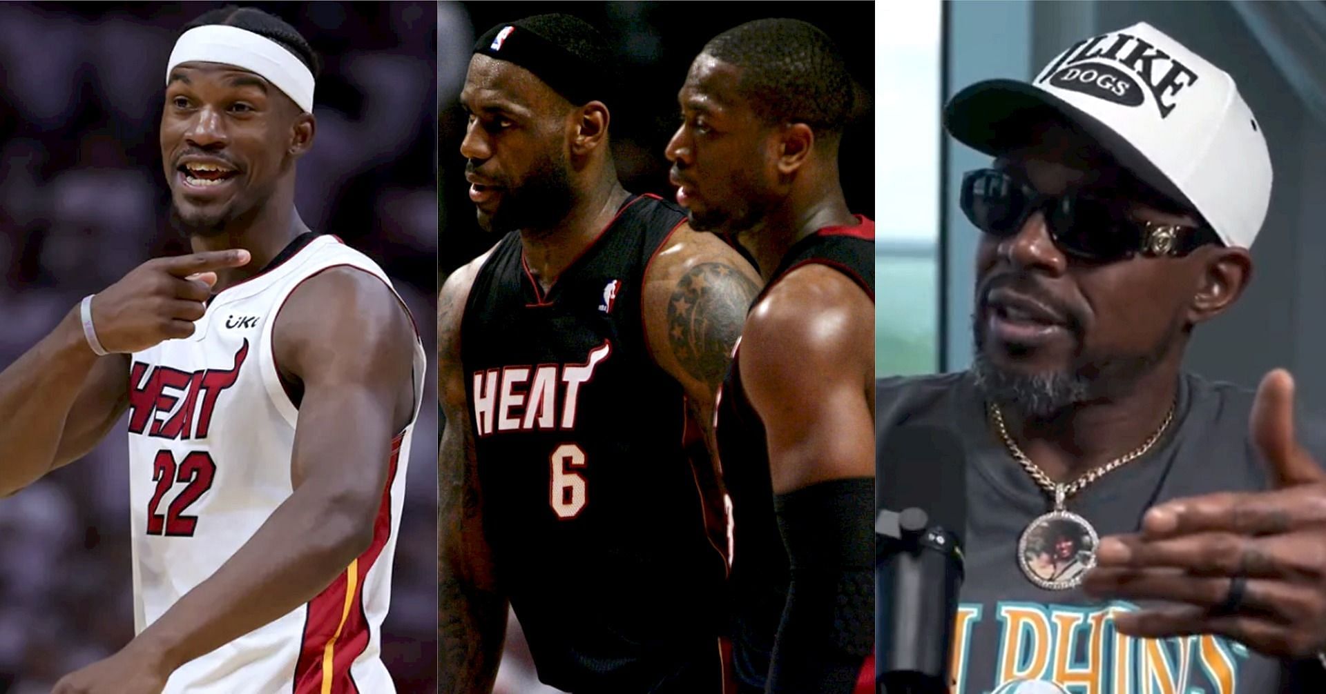 Miami Heat superstar forward Jimmy Butler, former Heat superstars LeBron James and Dwyane Wade and former Heat veteran Udonis Haslem 