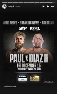 Shaquille O'Neal couldn't wait for the rematch between Jake Paul and Nate Diaz (@shaquilleoneal/Instagram)