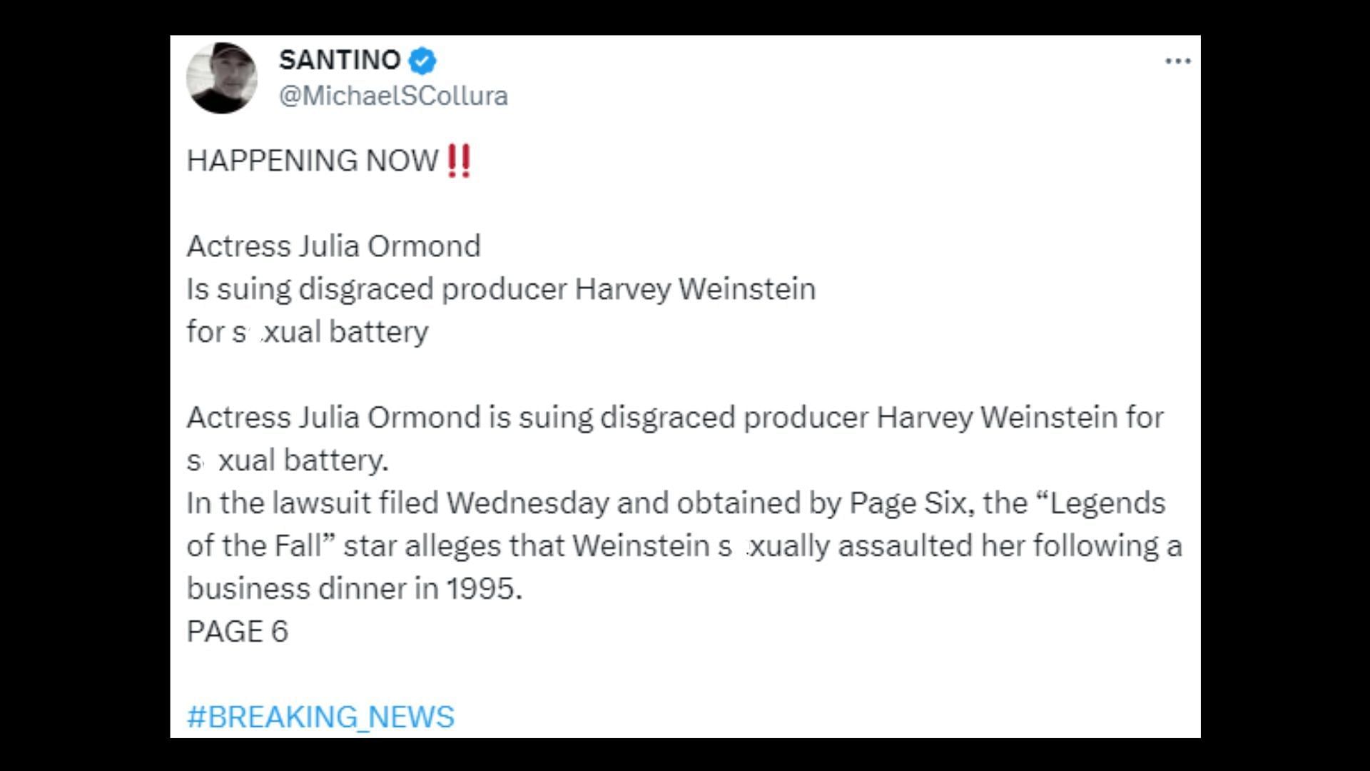 Julia Ormond has made serious charges in her lawsuit (Image via MichaelSCollura/X)