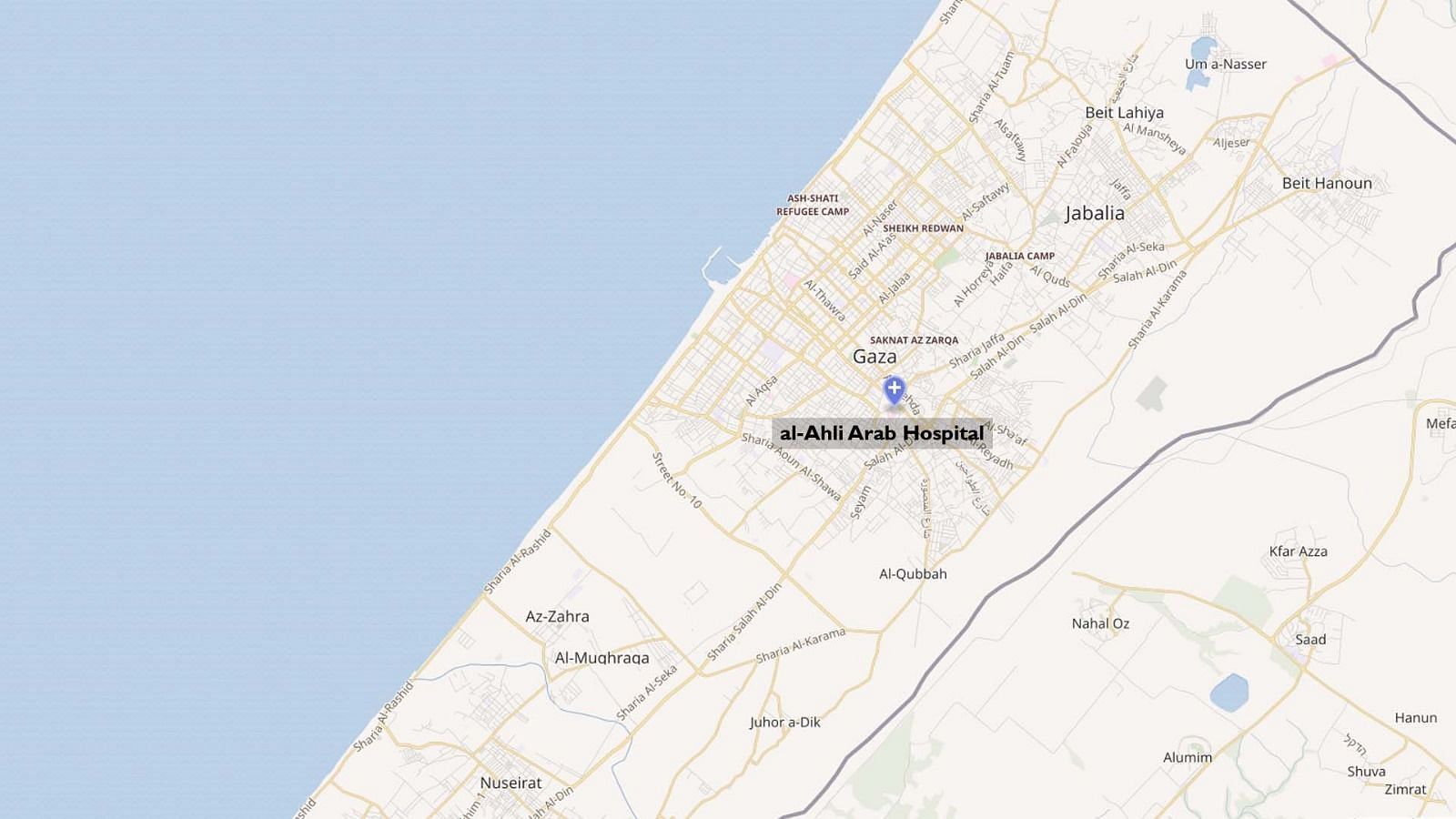 The al-Ahli Arab Hospital as pointed on a map (Image via Wikimedia maps)