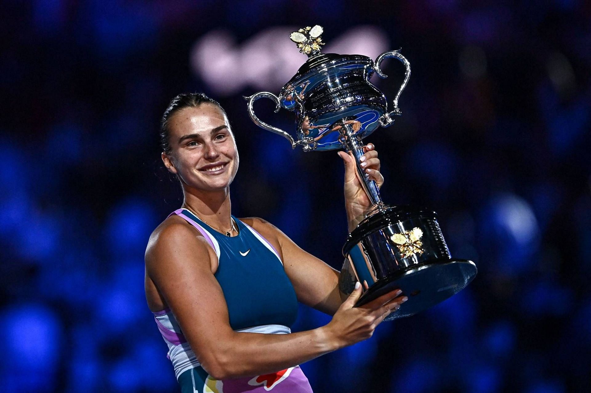 Aryna Sabalenka poses with the 2023 Australian Open trophy