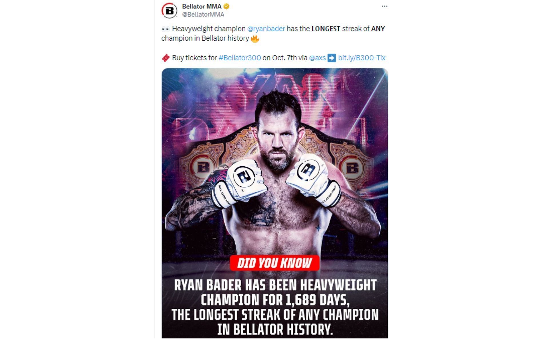 Tweet regarding Ryan Bader&#039;s heavyweight title reign