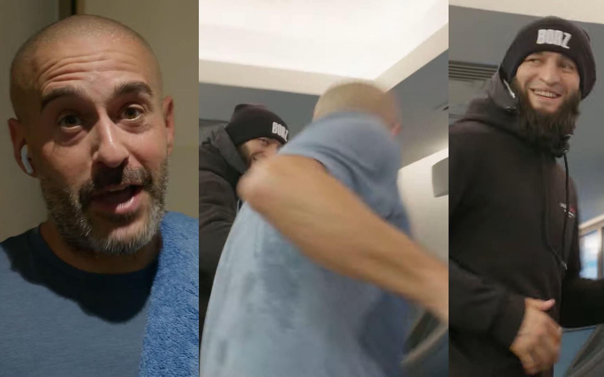 Jon Anik (left), Anik and Chimaev running on treadmills (middle) and Khamzat Chimaev (right) [Images Courtesy: @ufc on YouTube]