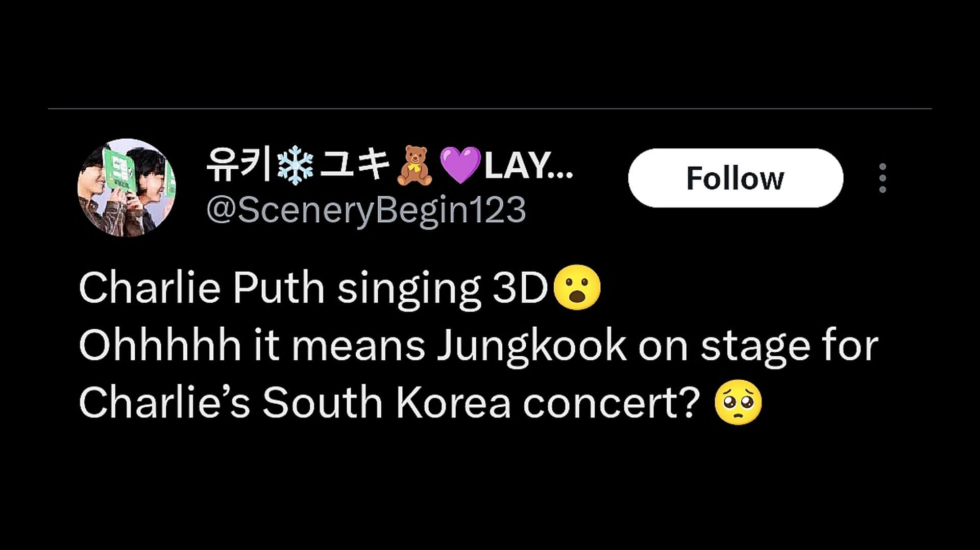 Fans speculate Jungkook might join Charlie Puth&rsquo;s Seoul concert over latter&rsquo;s Instagram caption (Image via X)