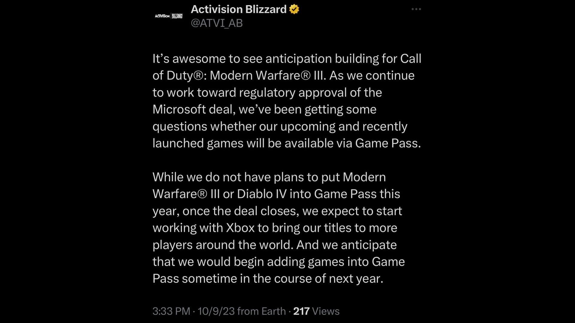 Activision Blizzard official post on X (Image via x.com/ATVI_AB)
