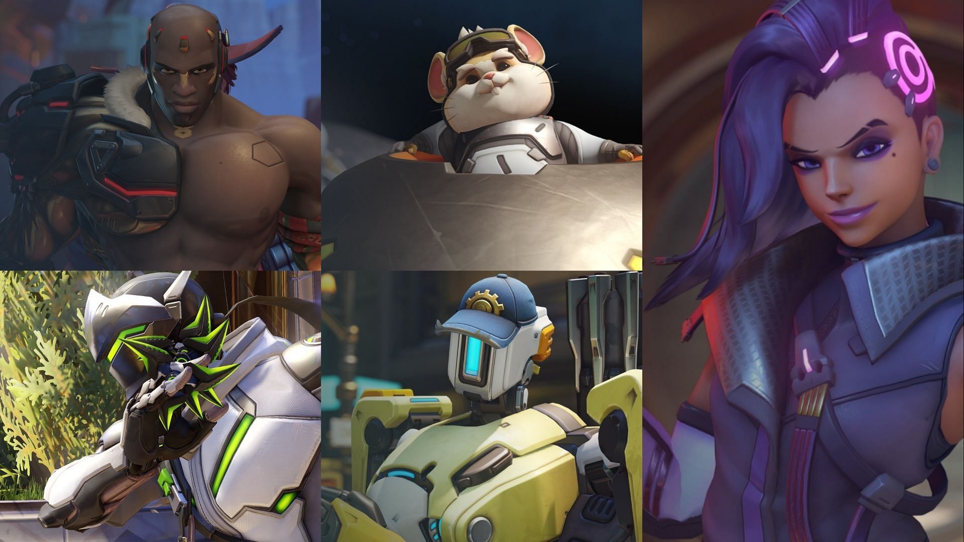 Doomfist, Wrecking Ball, Genji, Bastion and Sombra in Overwatch 2