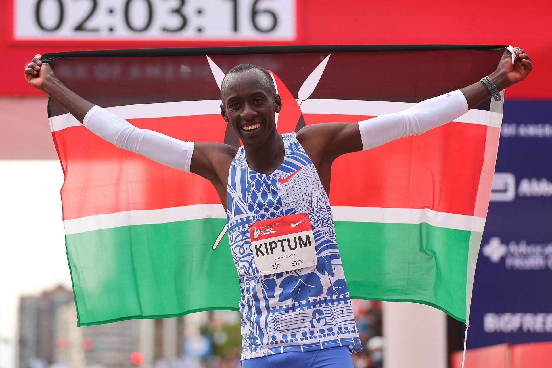 Kelvin Kiptum celebrates after winning the 2023 Chicago Marathon professional men's division at Grant Park in Chicago, Illinois.2023 Chicago Marathon