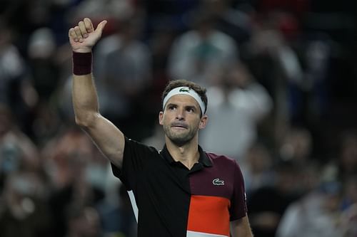 Grigor Dimitrov celebrates his win over Nicolas Jarry in Shanghai