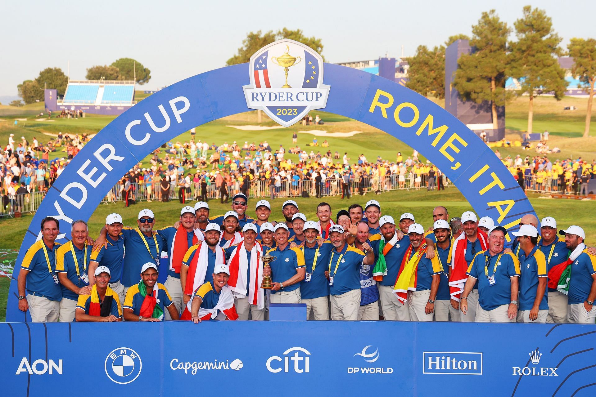 Team Europe pose with the Ryder Cup trophy following victory with 16 and a half to 11 and a half win following the Sunday singles matches of the 2023 Ryder Cup (Image via Getty)