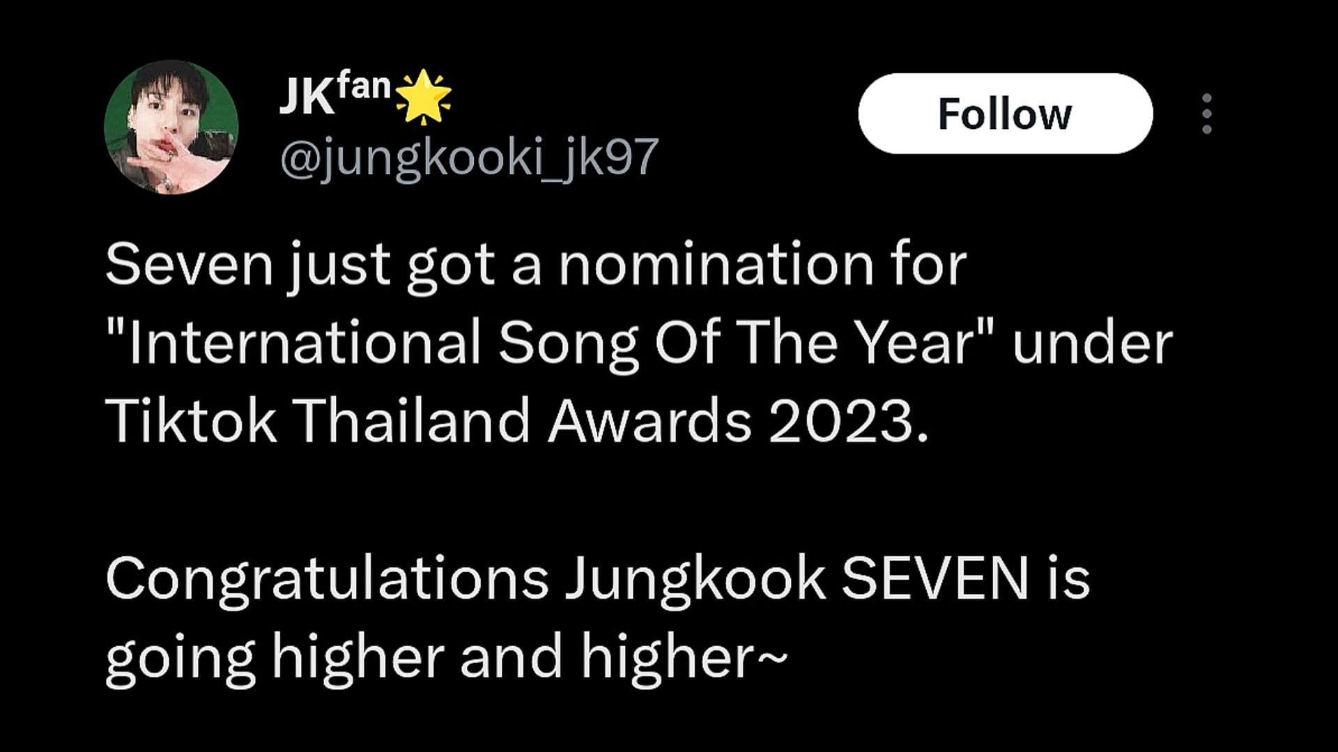 Fans rejoice as Seven is nominated for International Song Of The Year at the TikTok Thailand Awards 2023 (Image via X)