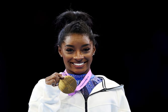 Simone Biles clinches 30th World Championships gold medal by winning floor exercise event at World Artistic Gymnastics Championships