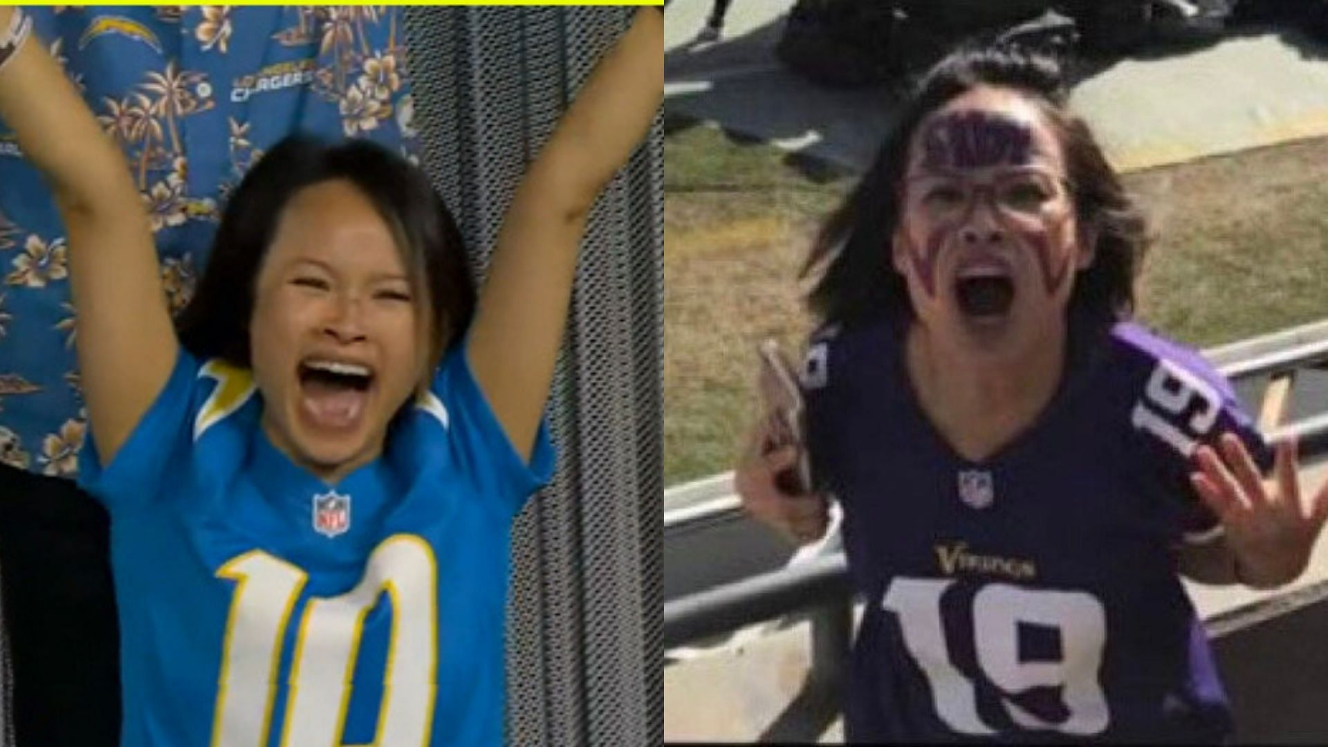 The recently viral Marrianne Do wearing Chargers (left) and Vikings (right) jerseys