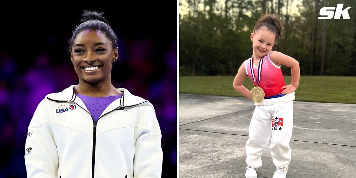 Simone Biles reacts to little girl dressing up like her