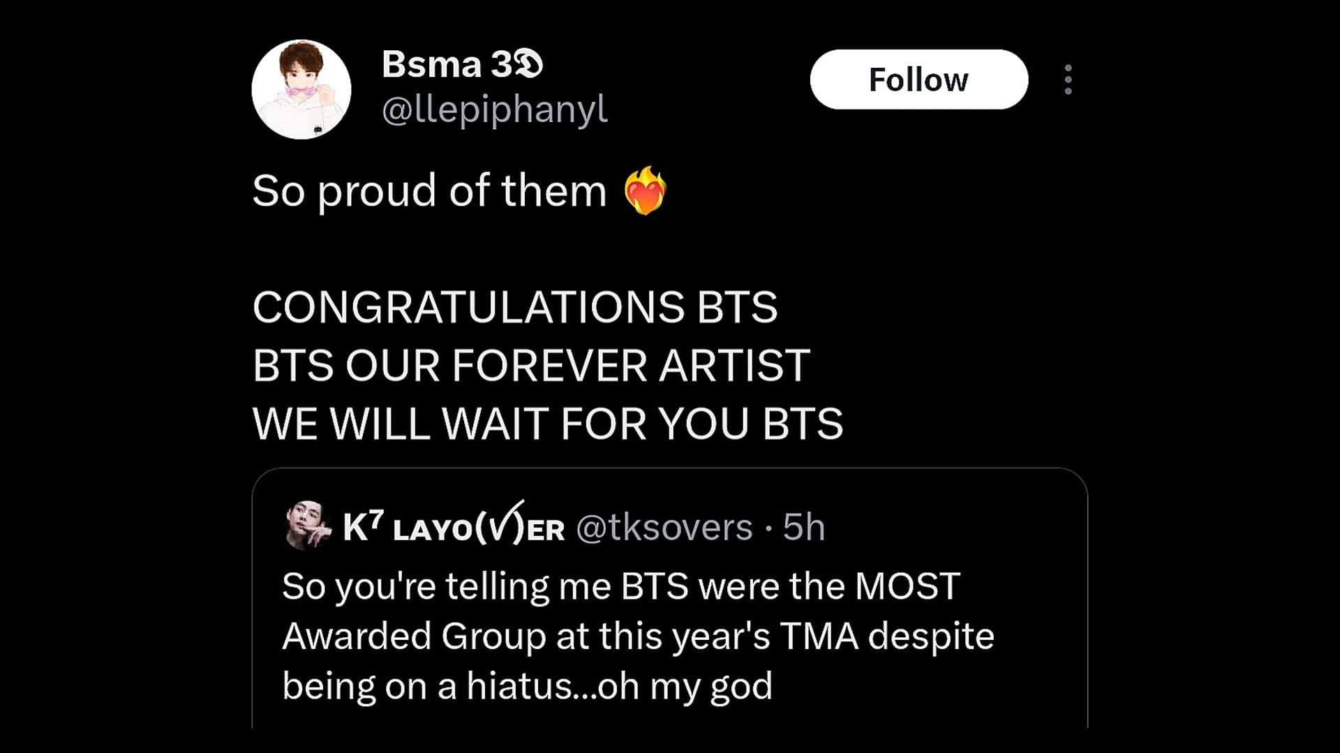 ARMYs celebrate as the group becomes the most awarded artists at the 2023 The Fact Music Awards, despite being on hiatus (Image via X)