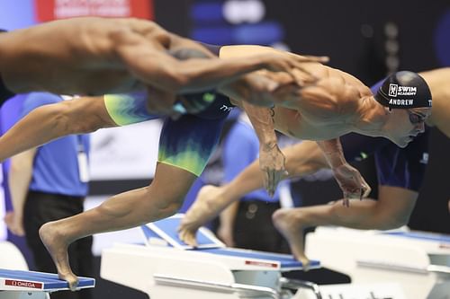 Michael Andrew competes at Men's 50 Meter Freestyle heats during the 2023 World Aquatics Swimming World Cup in Berlin, Germany