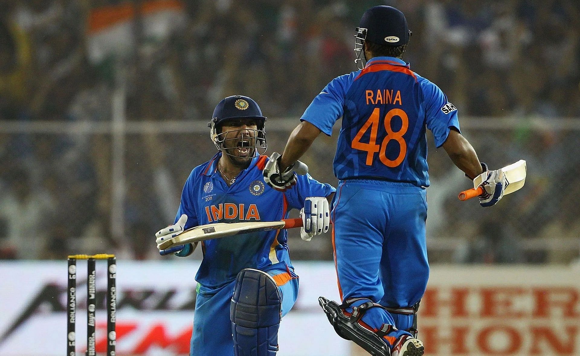 Yuvraj Singh celebrates after hitting the winning runs in the 2011 World Cup quarter-final. (Pic: Getty Images)