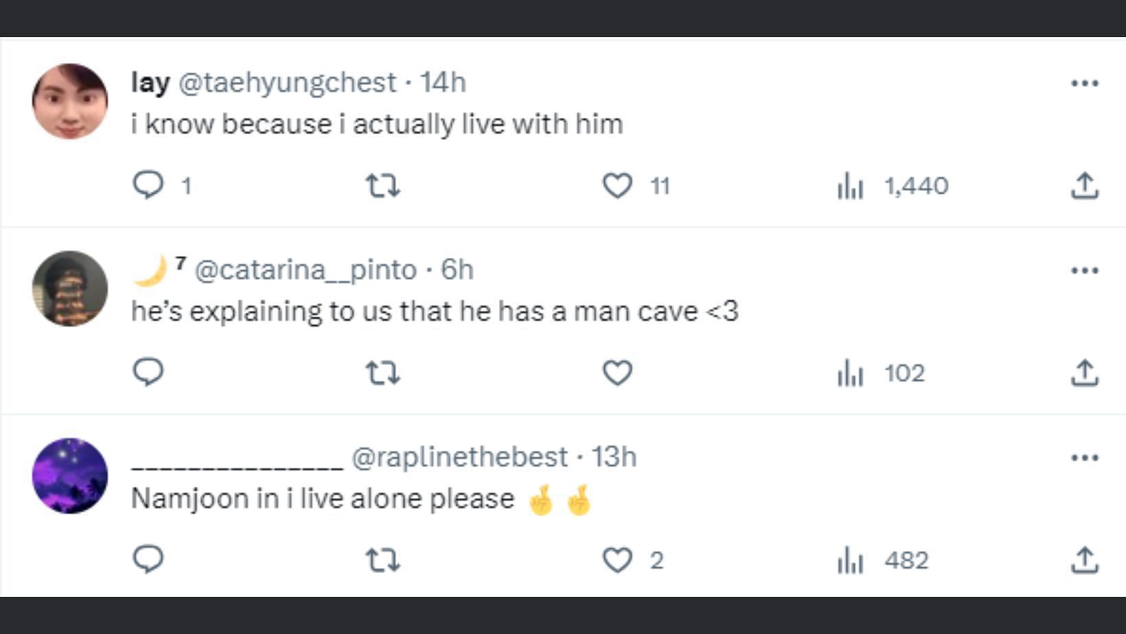 Fans react to the BTS idol&rsquo;s hilarious comment during his Weverse LIVE. Image via Twitter/@taehyungchest, @raplinethebest &amp; @catarina_pinto)