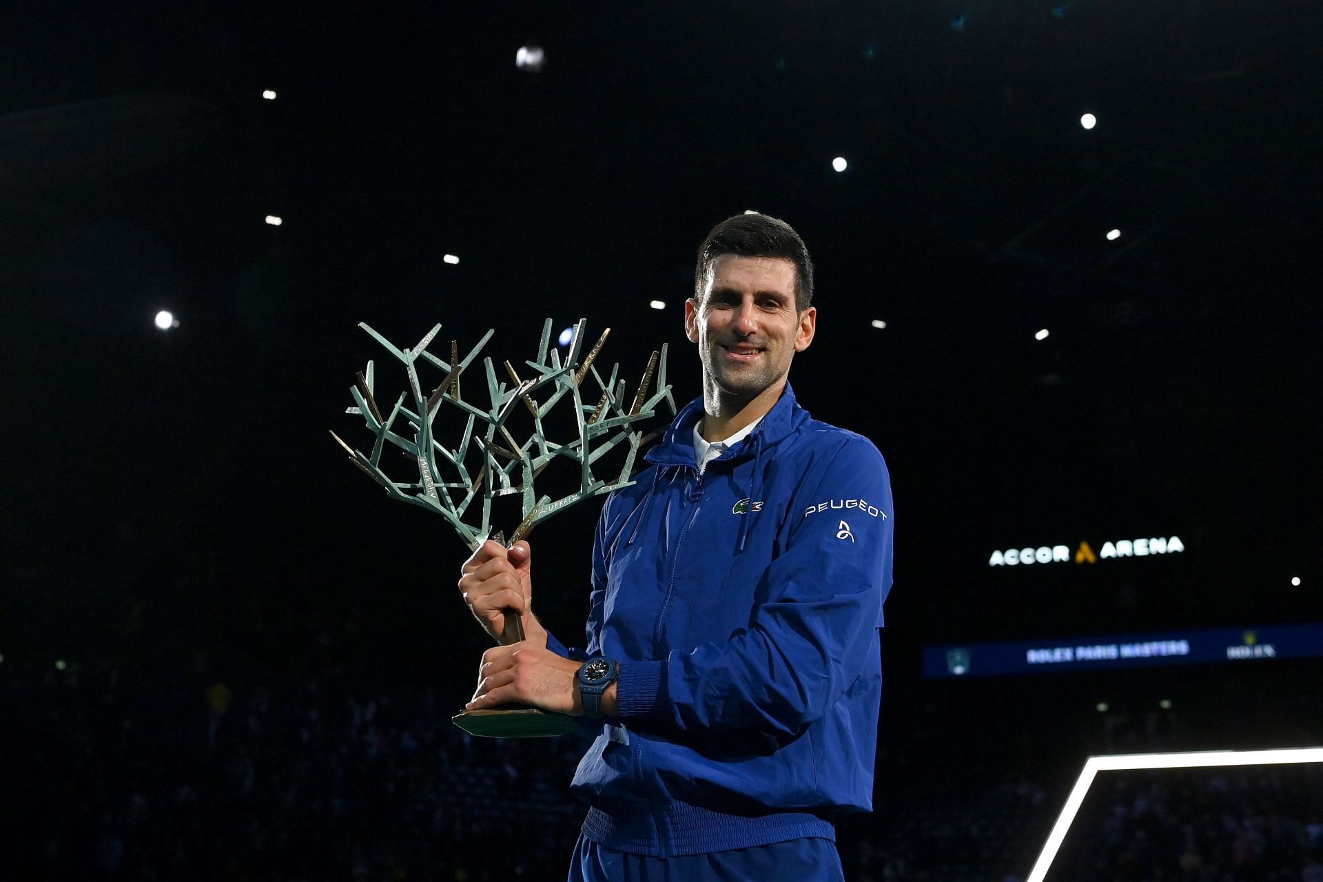 The Serb pictured with the 2021 Paris Masters trophy