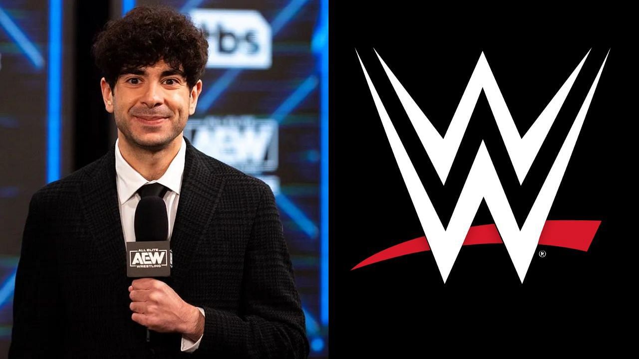 Tony Khan (left) and WWE logo (right)