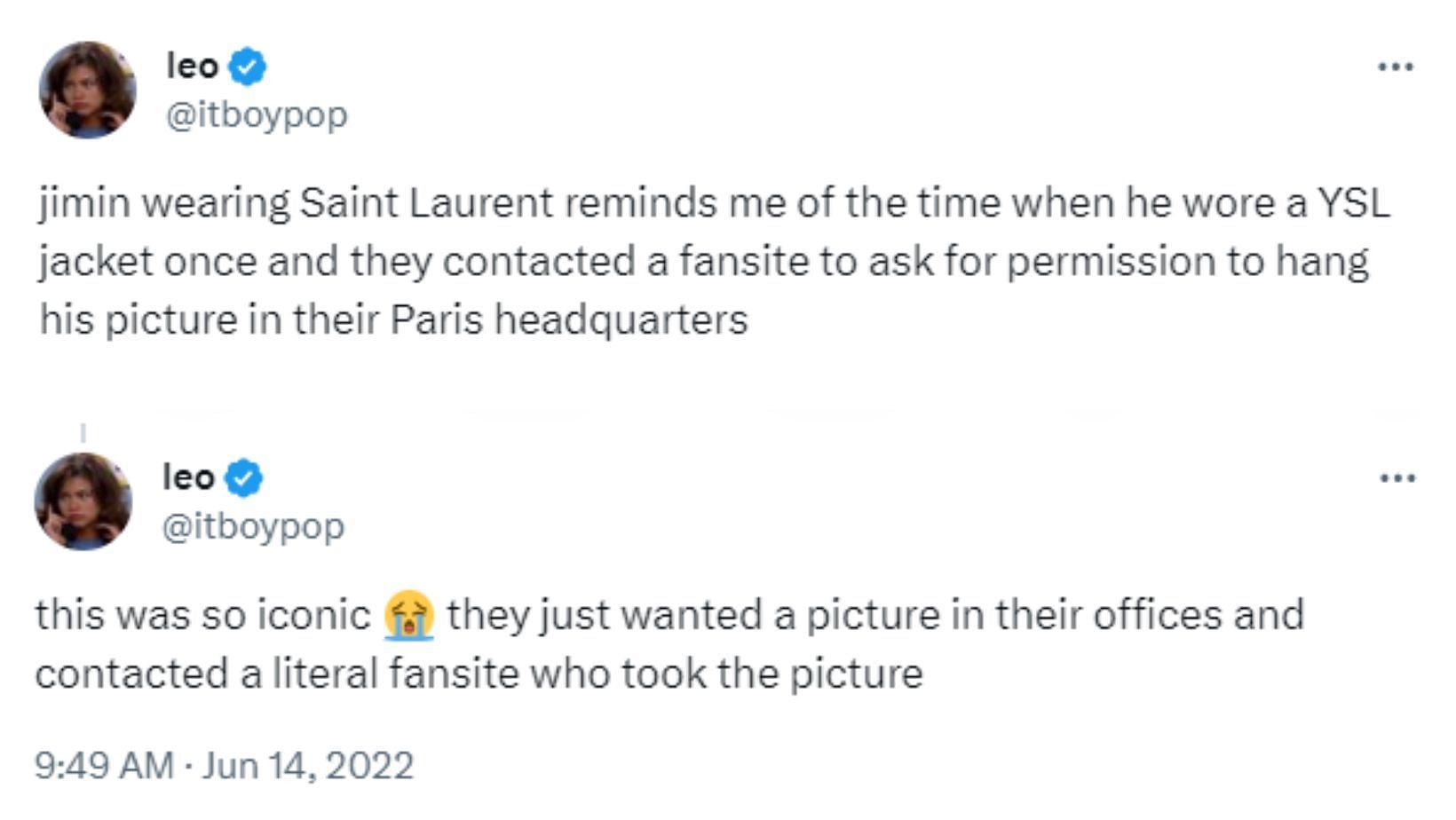 YSL contacted the BTS idol&#039;s fansite to ask for his image. (Images via Twitter/@itboypop)