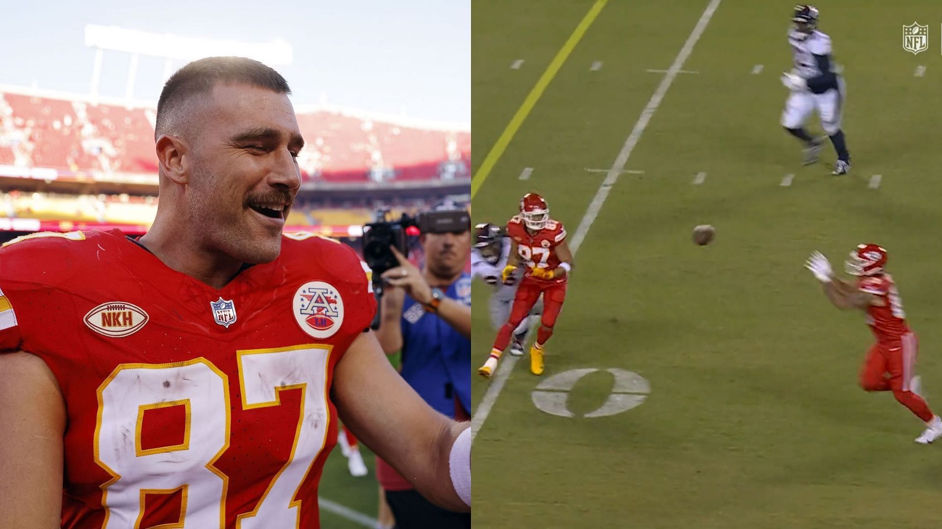 Travis Kelce doing a lateral pass to Noah Gray