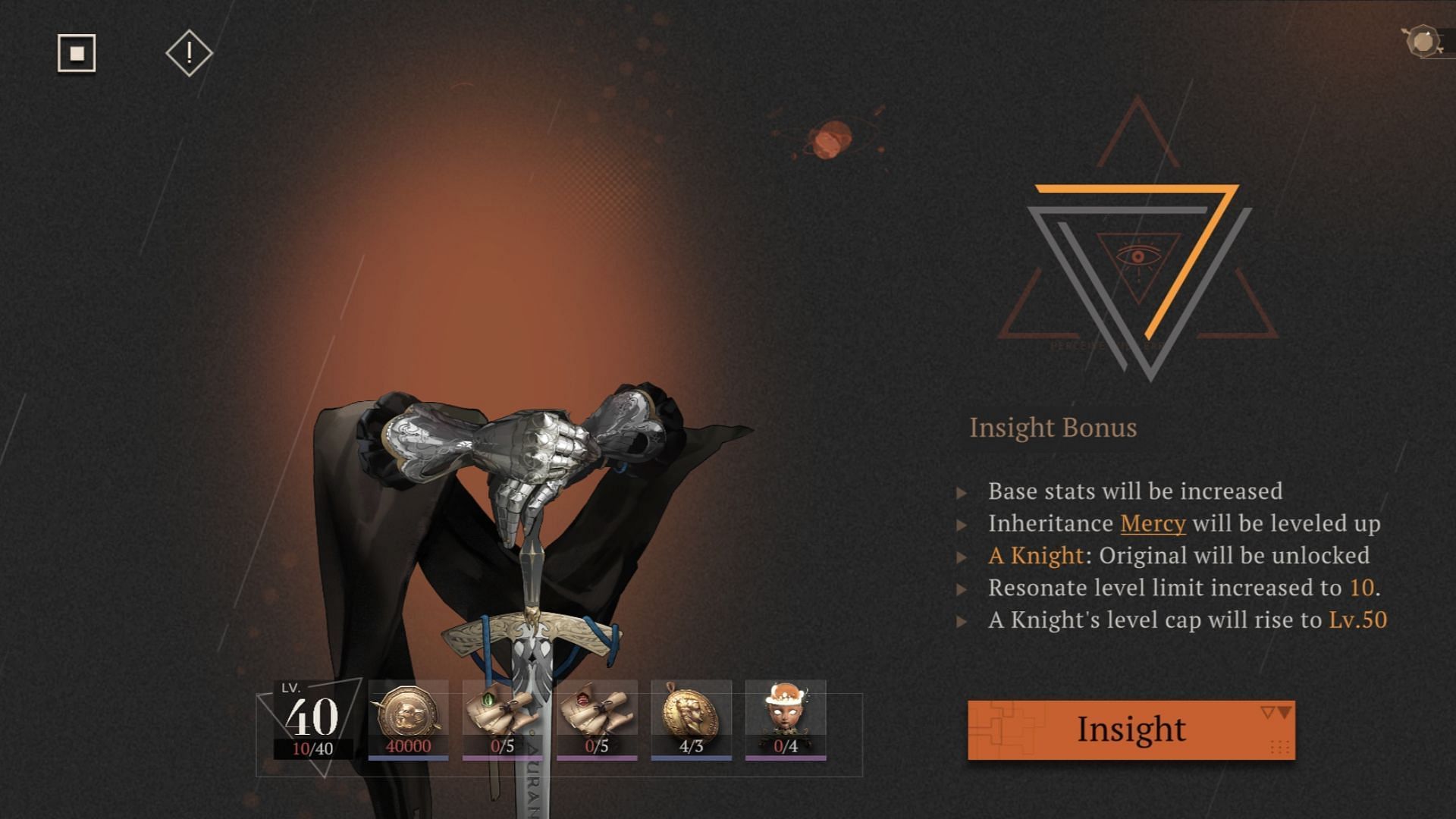 An in-game screenshot of A Knight Insight page. (Image via Bluepoch)