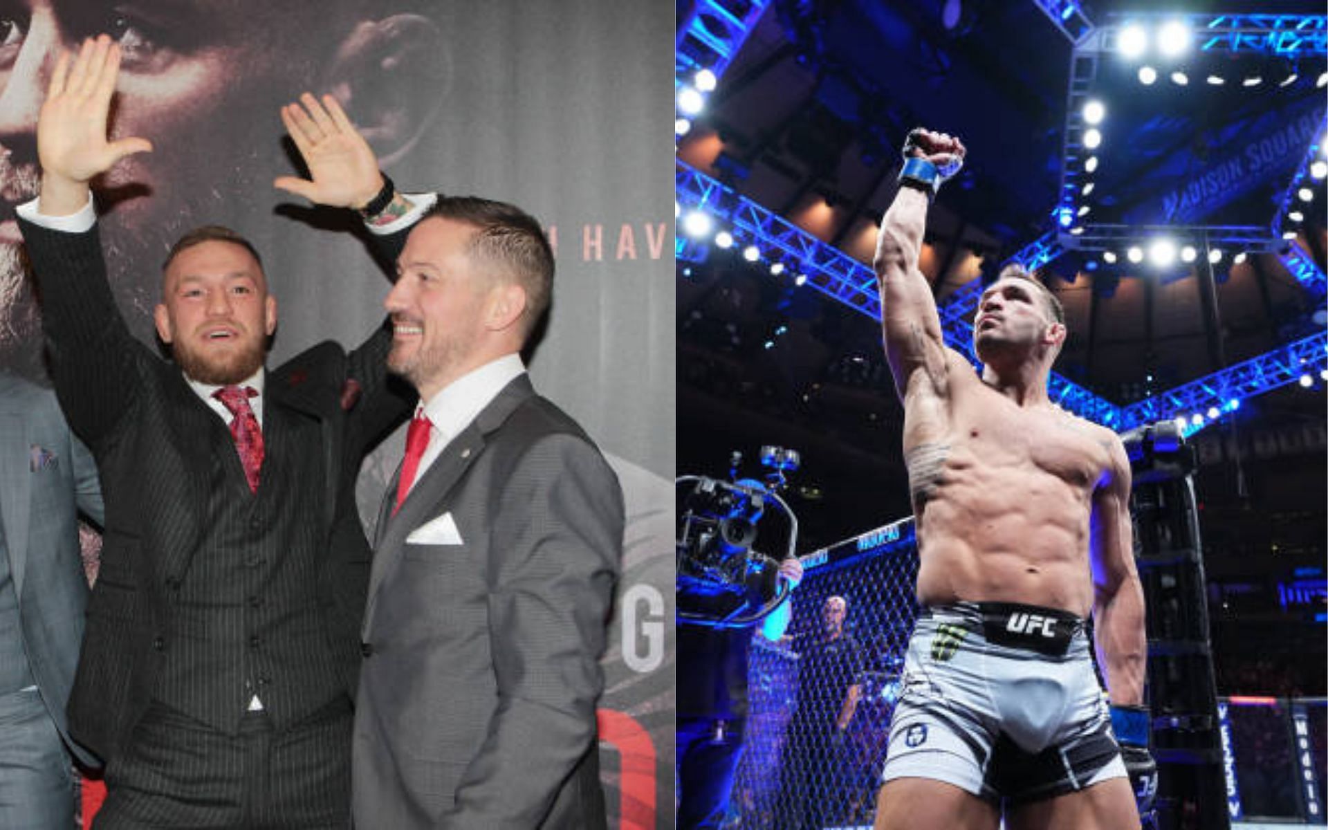Conor McGregor and John Kavanagh (left) [image courtesy of Phillip Massey/Getty Images]; Michael Chandler (right) [image courtesy of Chris Unger/Zuffa LLC via Getty Images]