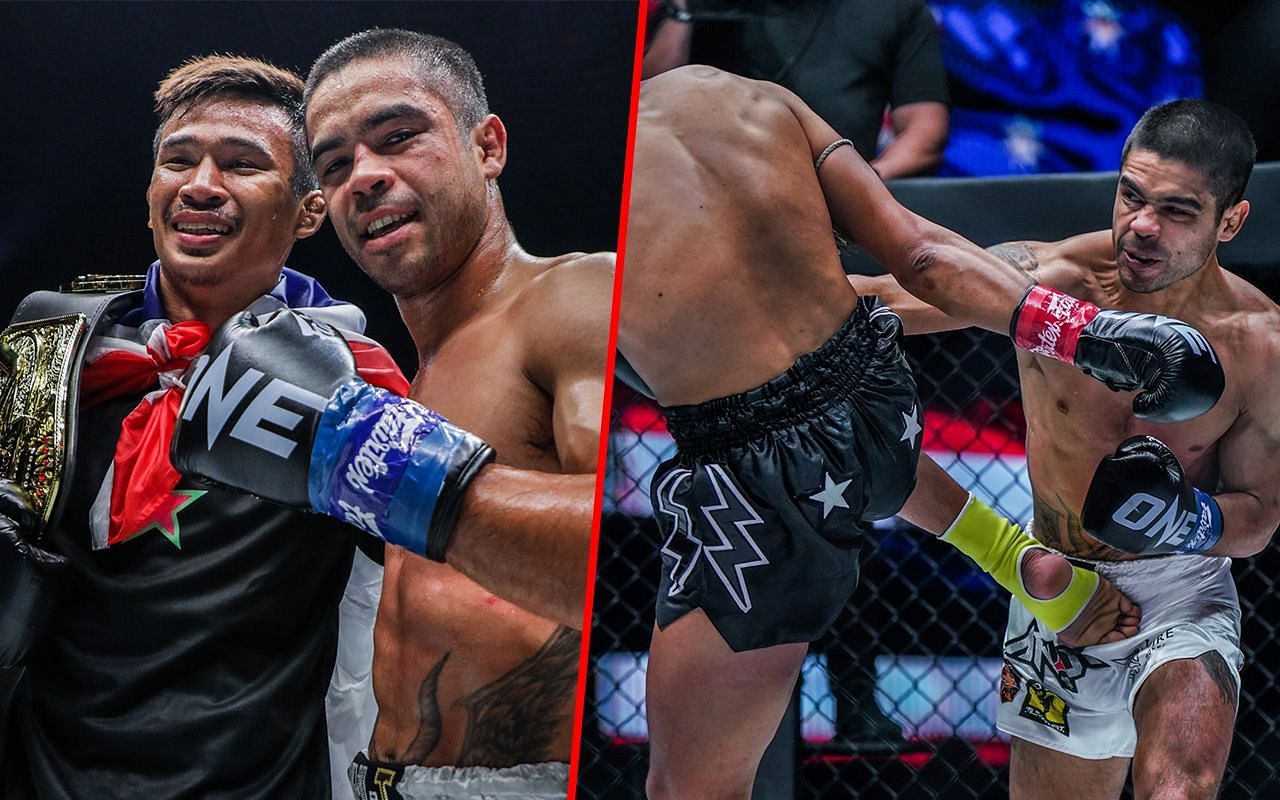 Superlek and Danial Williams (left) and Williams during a fight (right) | Image credit: ONE Championship