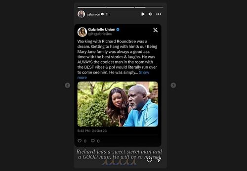 Dwyane Wade's wife Gabrielle Union shared her post about late actor Richard Roundtree on her Instagram stories