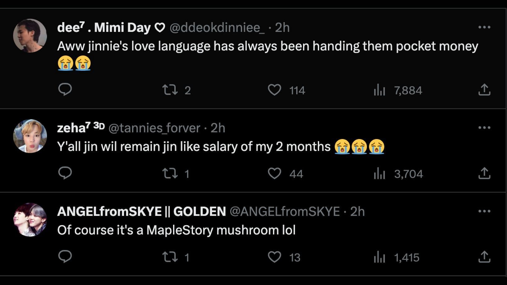 Fans react to Jin&#039;s birthday present to his younger team member. (Image via X/@ddeokdinniee_, @ANGELfromSKYE, @tannies_forver &middot;)