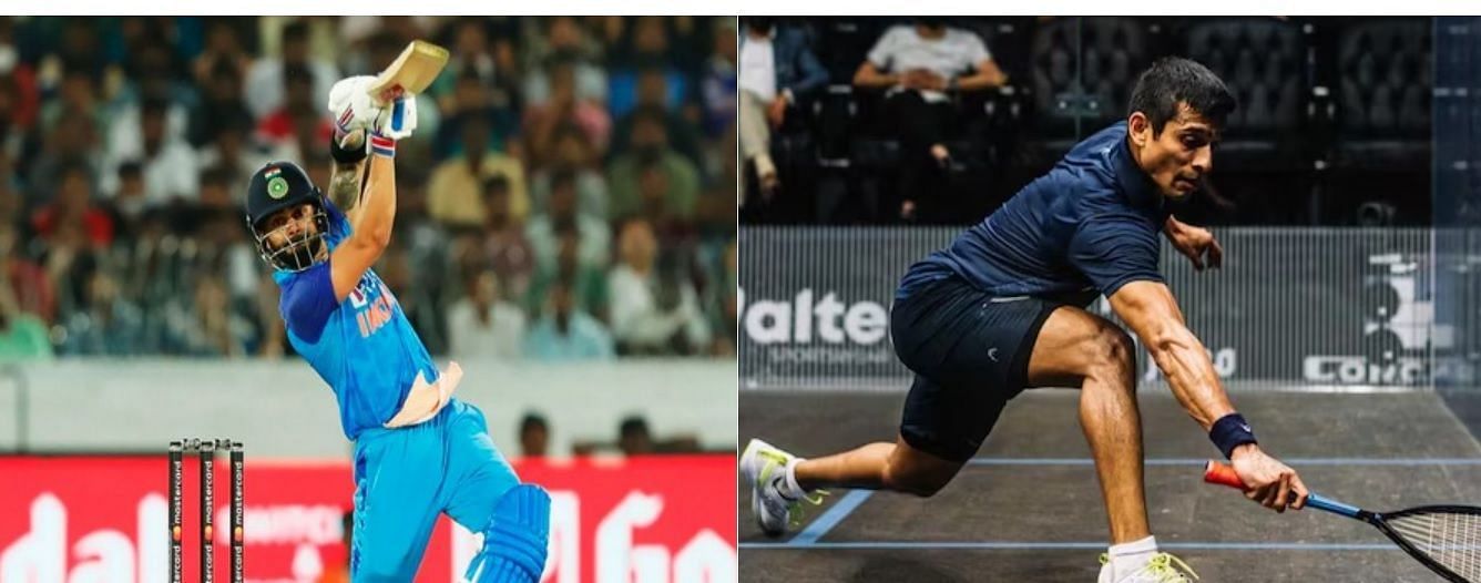 विराट कोहली (बाएं) और सौरव घोषाल (दाएं) क्रमश : क्रिकेट और स्क्वॉश में भारत के अनुभवी खिलाड़ी हैं।