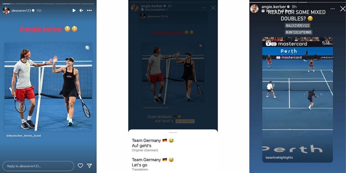 Stories from Instagram accounts of Alexander Zverev and Angelique Kerber.