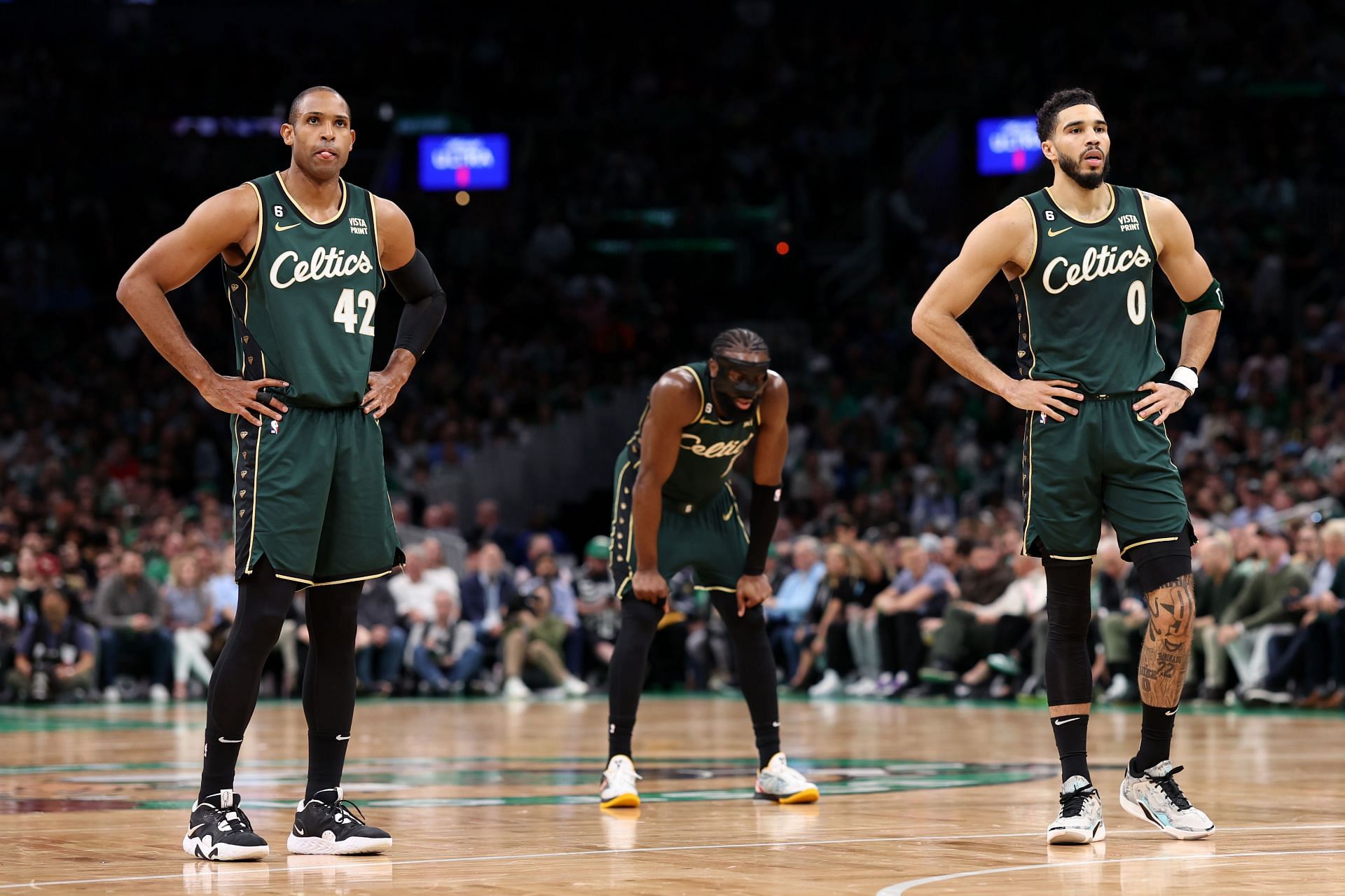 Boston Celtics veteran big man Al Horford and Celtics stars Jaylen Brown and Jayson Tatum
