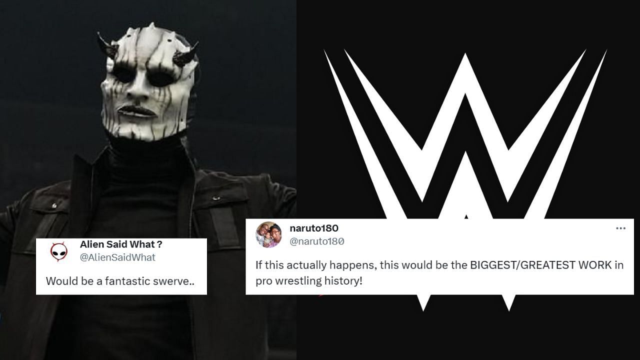 The Devil showed up on AEW Collision (left) and WWE logo (right)